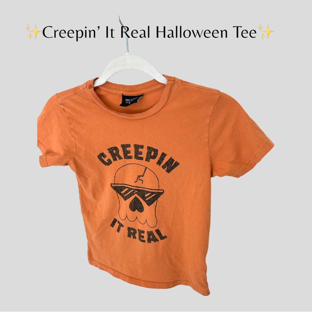 ✨Kid’s Halloween Skull Tee. “Creepin’ It Real” in Orange and Black. Size 8✨‎ - Picture 3 of 7